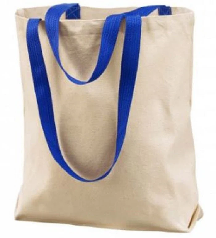 Tan Tote Bag with Royal Blue Handle
